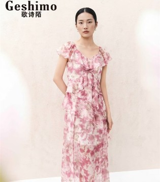 歌诗陌女装,连衣裙,雪纺短袖,粉色连衣裙
